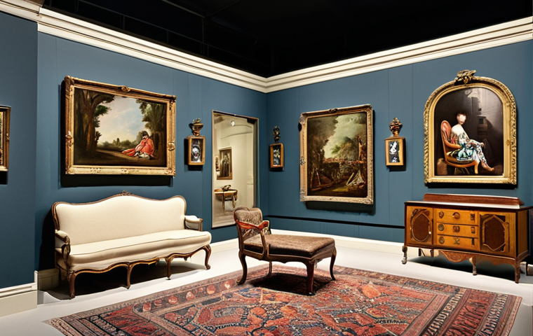 **Image of a museum gallery:** Showcase a variety of furniture styles through history, from antique pieces like a Louis XV chair to modernist designs, emphasizing the evolution and influence of artistic movements like Bauhaus and Memphis.