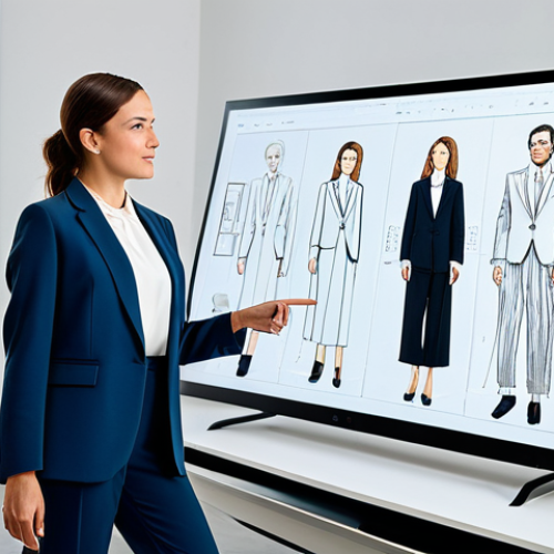 Home 19 A professional female furniture designer, fully clothed in a modest business blazer and smart trousers, stands confidently in a modern, brightly lit design studio. She is pointing to a large, high-resolution digital display showcasing an intricate, multi-layered portfolio page with design sketches, material swatches, and polished 3D renderings of elegant furniture pieces. The background features subtle, minimalist decor and natural light. The scene emphasizes creative vision, storytelling of the design process, and impeccable visual presentation. Perfect anatomy, correct proportions, natural pose, well-formed hands, proper finger count, natural body proportions, professional photography, high quality, safe for work, appropriate content, professional dress.