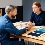A professional male furniture designer and an adult female client are seated at a large, modern wooden table in a bright, inviting design studio. They are deeply engaged in conversation, both looking at a beautifully curated mood board filled with fabric swatches, wood samples, and inspirational images. The client gestures thoughtfully, expressing her vision, while the designer listens attentively, taking notes. Subtle furniture prototypes are visible in the background, hinting at quality craftsmanship. Both are fully clothed in modest, professional yet comfortable attire. The atmosphere is warm, collaborative, and inspiring. This image emphasizes trust and shared vision. perfect anatomy, correct proportions, natural pose, well-formed hands, proper finger count, natural body proportions, professional photography, high detail, studio lighting, safe for work, appropriate content, fully clothed, professional, family-friendly.