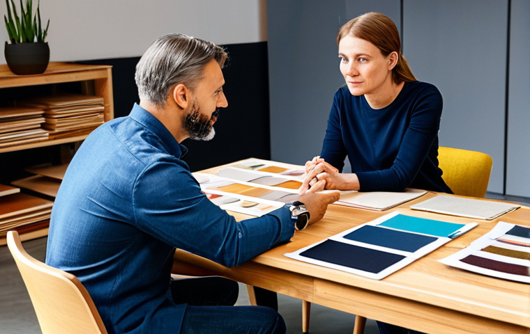 A professional male furniture designer and an adult female client are seated at a large, modern wooden table in a bright, inviting design studio. They are deeply engaged in conversation, both looking at a beautifully curated mood board filled with fabric swatches, wood samples, and inspirational images. The client gestures thoughtfully, expressing her vision, while the designer listens attentively, taking notes. Subtle furniture prototypes are visible in the background, hinting at quality craftsmanship. Both are fully clothed in modest, professional yet comfortable attire. The atmosphere is warm, collaborative, and inspiring. This image emphasizes trust and shared vision. perfect anatomy, correct proportions, natural pose, well-formed hands, proper finger count, natural body proportions, professional photography, high detail, studio lighting, safe for work, appropriate content, fully clothed, professional, family-friendly.