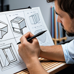 A professional furniture designer, fully clothed in appropriate, modest business attire, is intently sketching innovative designs for a modular and sustainable chair. The setting is a clean, well-lit modern design studio, with an organized desk displaying technical drawings, small 3D-printed prototypes, and various material samples like natural wood and recycled composite panels. The designer's hands, with well-formed hands and proper finger count, are visible, holding a stylus or pen, deeply engaged in the creative process. The image captures a moment of deep concentration and artistic focus.