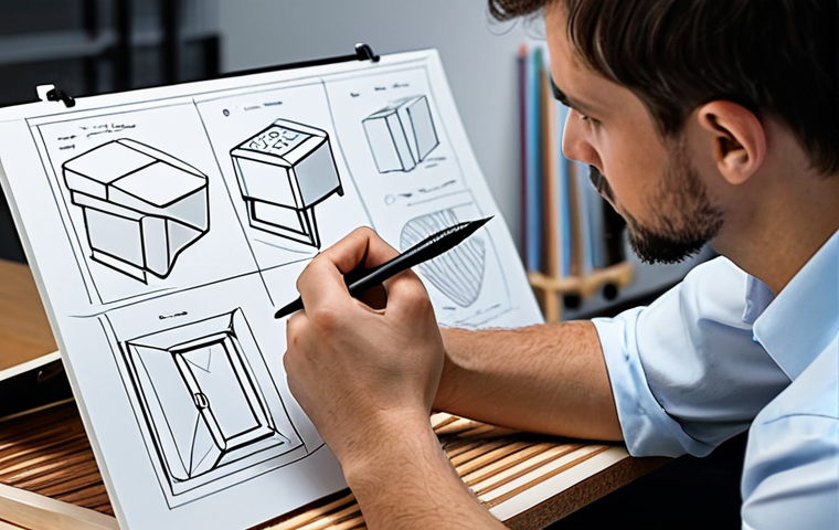 A professional furniture designer, fully clothed in appropriate, modest business attire, is intently sketching innovative designs for a modular and sustainable chair. The setting is a clean, well-lit modern design studio, with an organized desk displaying technical drawings, small 3D-printed prototypes, and various material samples like natural wood and recycled composite panels. The designer's hands, with well-formed hands and proper finger count, are visible, holding a stylus or pen, deeply engaged in the creative process. The image captures a moment of deep concentration and artistic focus.
