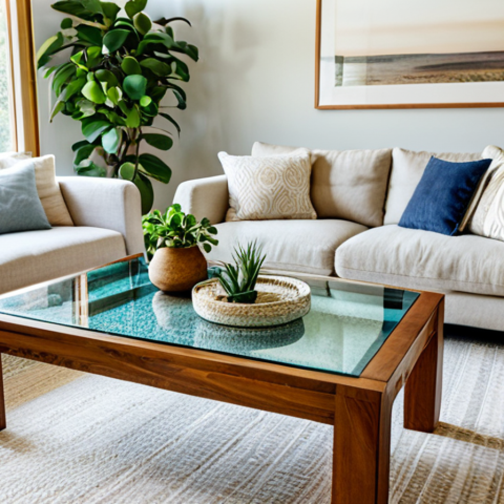 **

"A brightly lit living room featuring a handcrafted wooden coffee table with a recycled glass top, surrounded by a linen sofa and potted plants, fully clothed people enjoying the space, warm and inviting atmosphere, natural light, safe for work, appropriate content, perfect anatomy, natural proportions, professional interior design photography, high quality, modest setting, family-friendly."

**