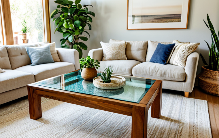 **

"A brightly lit living room featuring a handcrafted wooden coffee table with a recycled glass top, surrounded by a linen sofa and potted plants, fully clothed people enjoying the space, warm and inviting atmosphere, natural light, safe for work, appropriate content, perfect anatomy, natural proportions, professional interior design photography, high quality, modest setting, family-friendly."

**