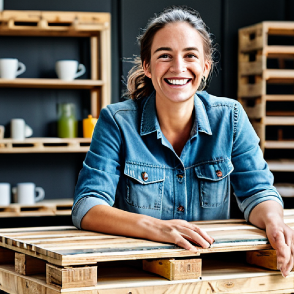 Upcycled Furniture Design**
"A bright and airy workshop featuring a designer smiling as they work on a coffee table made from reclaimed wood pallets, fully clothed, appropriate attire, safe for work, perfect anatomy, natural proportions, professional studio photography, high quality, family-friendly."
**