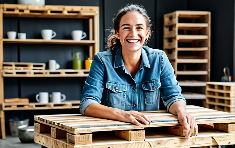 Upcycled Furniture Design**

"A bright and airy workshop featuring a designer smiling as they work on a coffee table made from reclaimed wood pallets, fully clothed, appropriate attire, safe for work, perfect anatomy, natural proportions, professional studio photography, high quality, family-friendly."

**