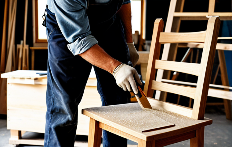 **Wooden Chair Creation:** "A craftsman meticulously sanding a beautifully designed wooden chair in a bright, sunlit workshop, showcasing the wood's natural grain, fully clothed, appropriate attire, safe for work, perfect anatomy, correct proportions, natural pose, woodworking tools visible in the background, professional photography, high quality, family-friendly."