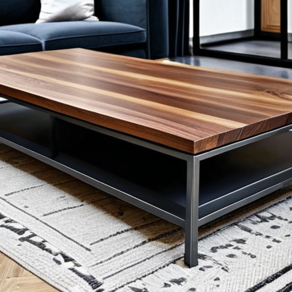 가구디자인과 금속공예 융합 사례 - **
"A beautifully crafted coffee table featuring a solid walnut top and raw steel legs, displayed i...