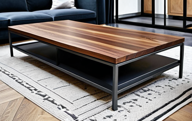 가구디자인과 금속공예 융합 사례 - **

"A beautifully crafted coffee table featuring a solid walnut top and raw steel legs, displayed i...