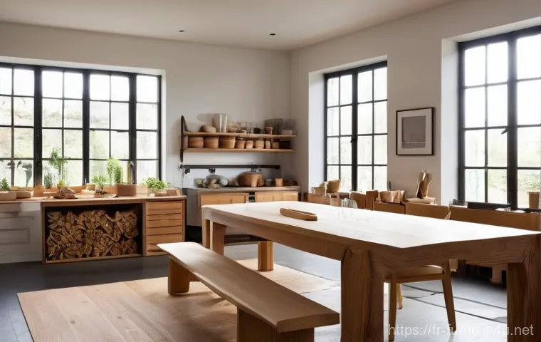 가구디자인 소재 선택 가이드 - **Prompt:** A sunlit, modern woodworking studio, featuring a skilled artisan, modestly dressed in a ...