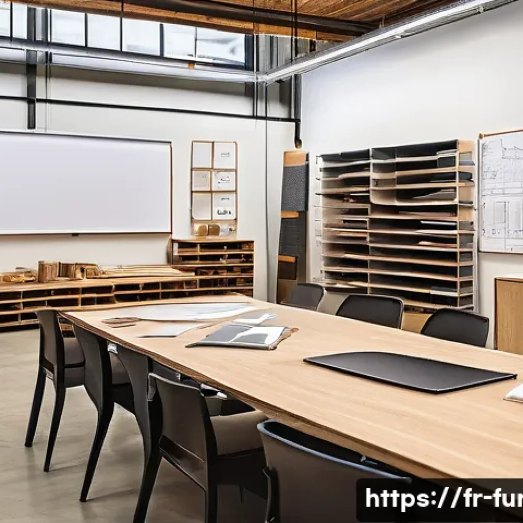 가구디자인의 경제성 분석 - A modern furniture designer&rsquo;s workshop showcasing a detailed scene of material selection and product...