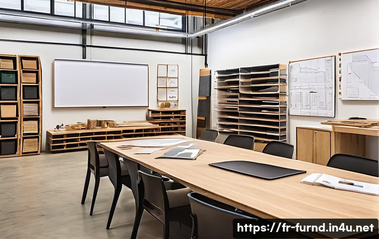 가구디자인의 경제성 분석 - A modern furniture designer’s workshop showcasing a detailed scene of material selection and product...