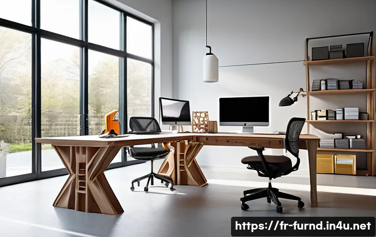 가구디자인에서 디지털 제작 도구 활용 - A modern furniture designer’s workspace featuring a large computer screen displaying detailed 3D mod...