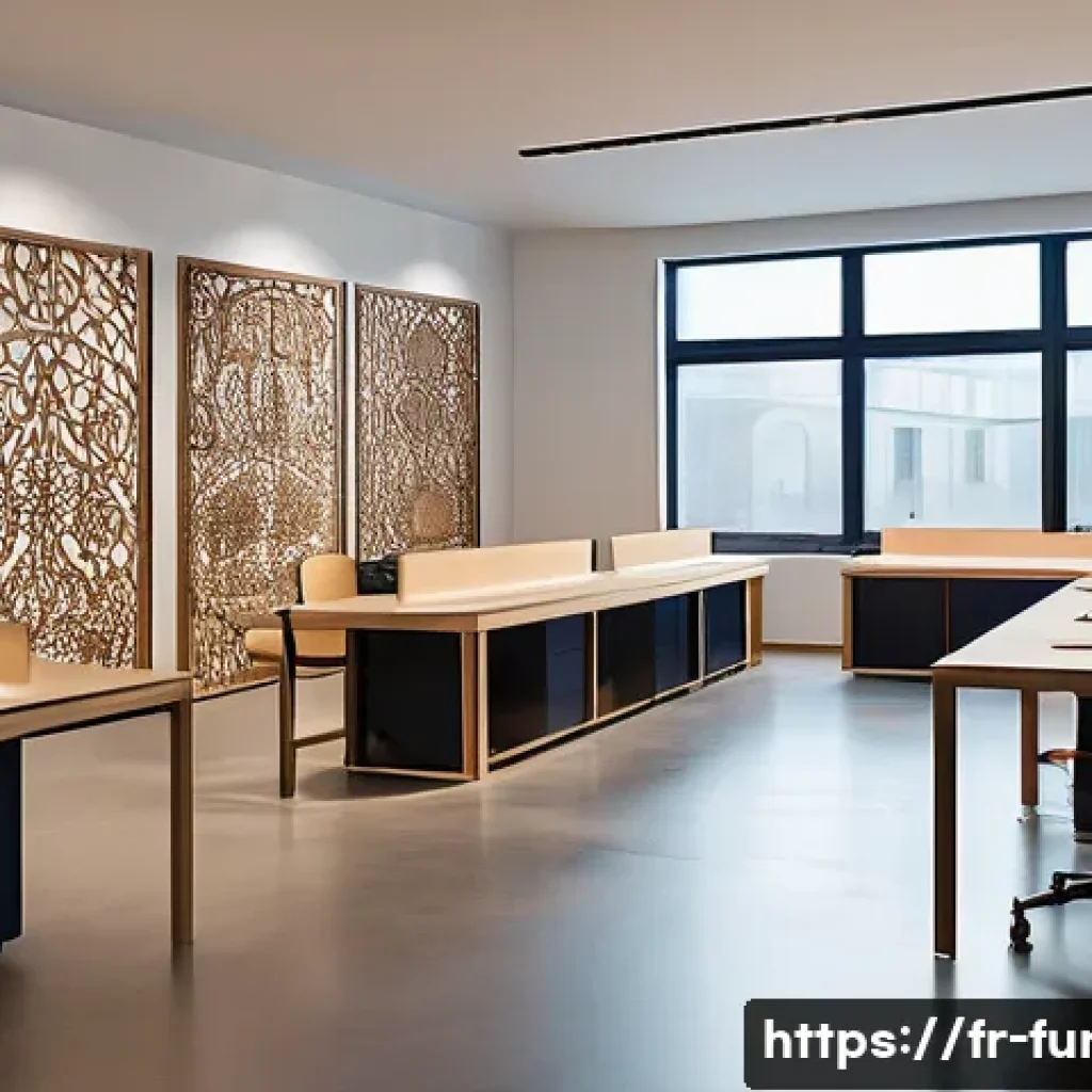 가구디자인에서 레이저 커팅 활용 - A modern furniture workshop interior showcasing intricate laser-cut wooden panels with delicate, fin...