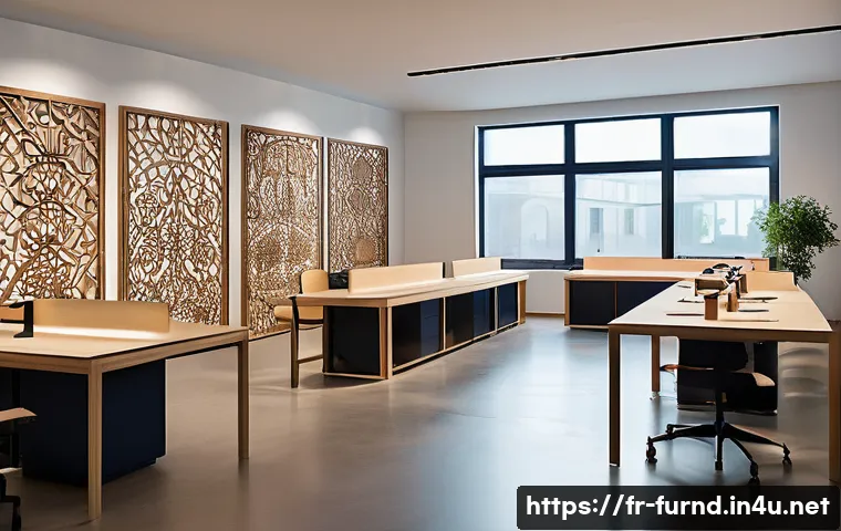 가구디자인에서 레이저 커팅 활용 - A modern furniture workshop interior showcasing intricate laser-cut wooden panels with delicate, fin...