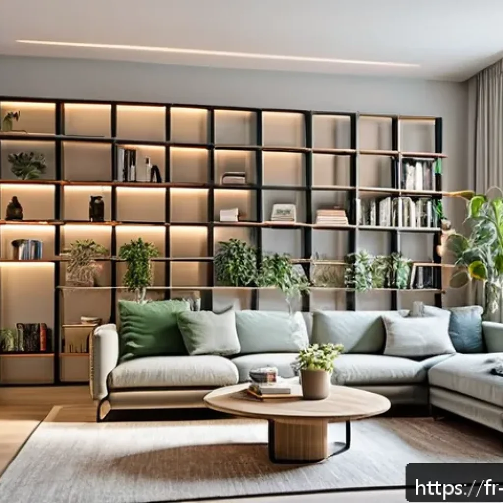 가구디자인과 책장 설계 - A modern custom-made L-shaped bookshelf in a cozy living room with a Scandinavian style: light wood ...