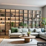 가구디자인과 책장 설계 - A modern custom-made L-shaped bookshelf in a cozy living room with a Scandinavian style: light wood ...