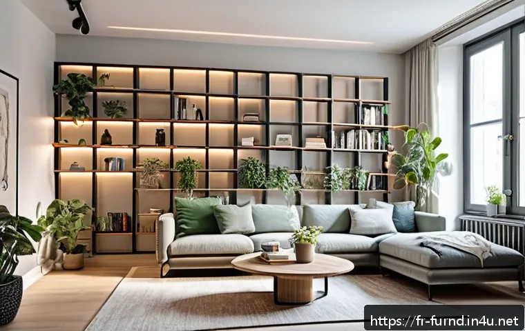 가구디자인과 책장 설계 - A modern custom-made L-shaped bookshelf in a cozy living room with a Scandinavian style: light wood ...