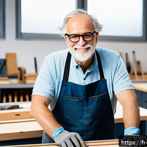 가구디자인 실기 대비 팁 - A well-organized woodworking workshop featuring a French designer in casual attire wearing safety gl...