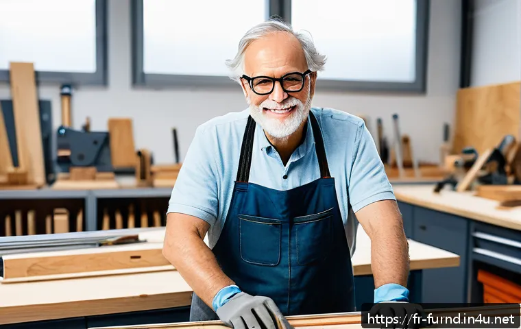 가구디자인 실기 대비 팁 - A well-organized woodworking workshop featuring a French designer in casual attire wearing safety gl...
