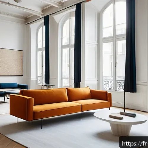 가구디자인 협력 업체 선정 팁 - A modern, minimalist custom furniture showroom in a bright Parisian loft with large windows, showcas...