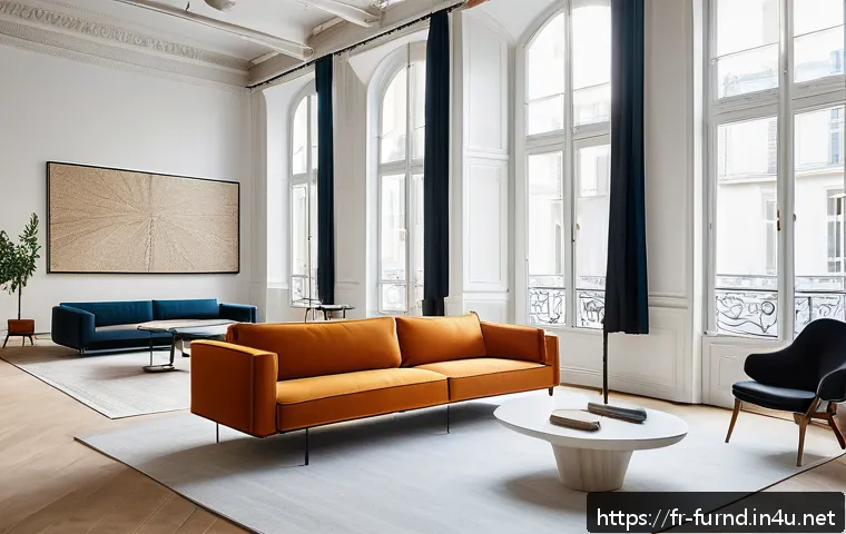 가구디자인 협력 업체 선정 팁 - A modern, minimalist custom furniture showroom in a bright Parisian loft with large windows, showcas...