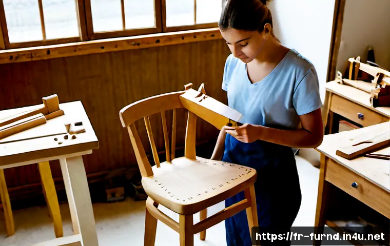 가구디자인 자격증 취득 방법 - Photorealistic French furniture design student in a bright vocational workshop, carefully measuring ...