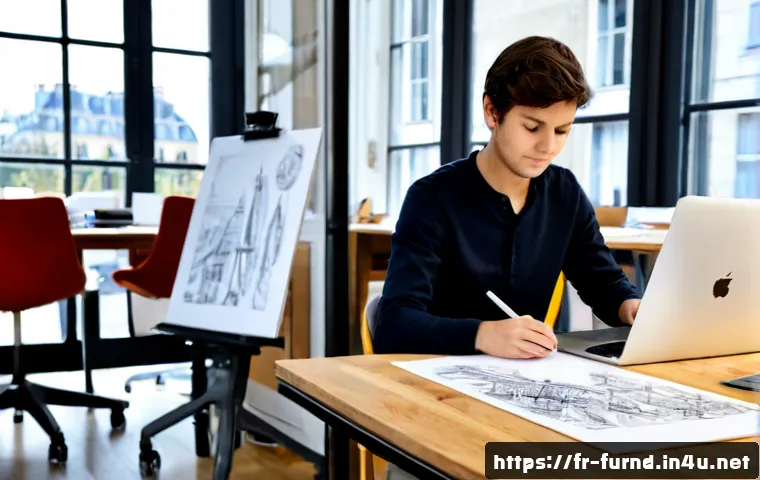 가구디자인 신입사원 업무 흐름 - Photorealistic furniture design studio in Paris, young junior designer beginning the workday at a cl...